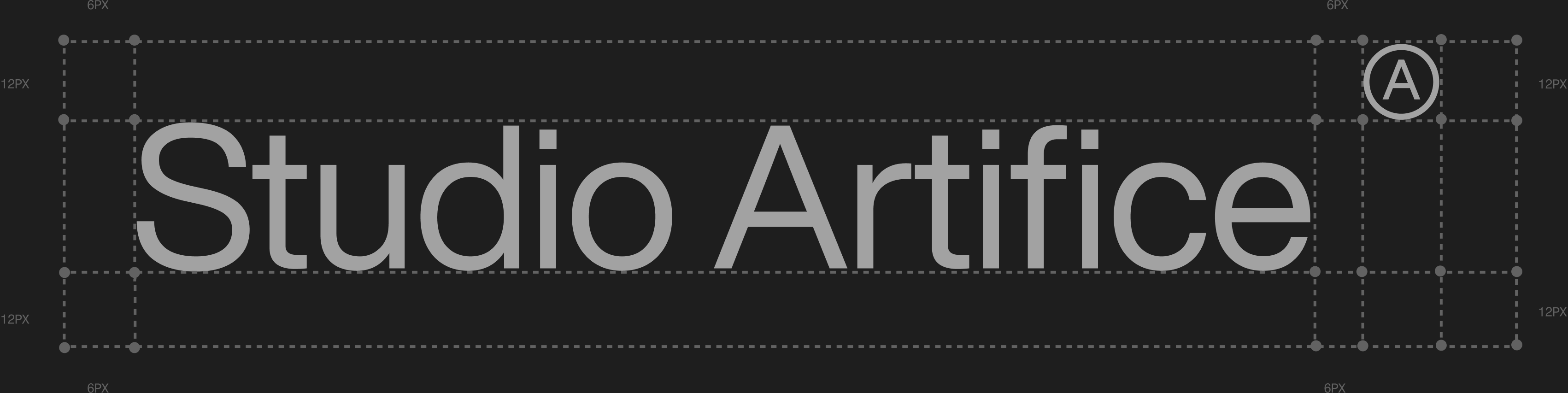 Clear-space construction: guides around the wordmark and the Ⓐ monogram