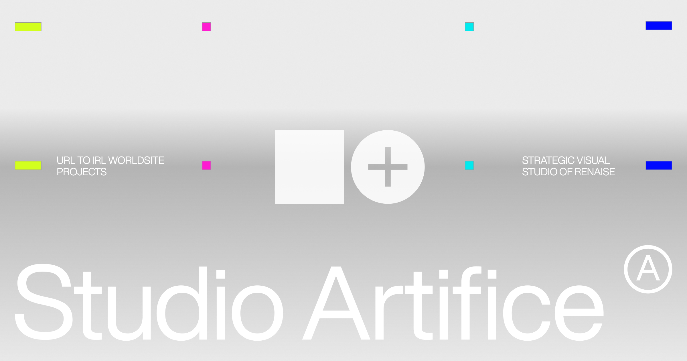 Studio Artifice cover: the device, the wordmark with the Ⓐ monogram, and register marks, with the lines URL to IRL worldsite projects and Strategic visual studio of Renaise